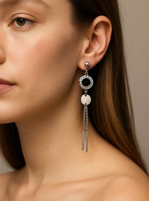 ✨ UShine.gr: Ατσάλινα μακριά σκουλαρίκια με μαύρη λεπτομέρεια & κρεμαστές αλυσίδες No 1264