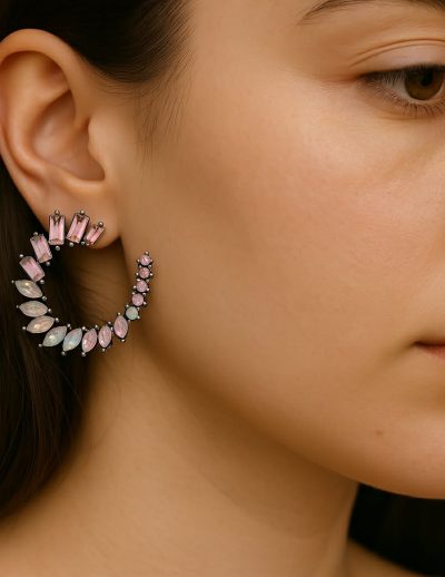 ✨ UShine.gr: Χειροποίητοι κρίκοι με ροζ & ιριδίζουσες πέτρες No 1276