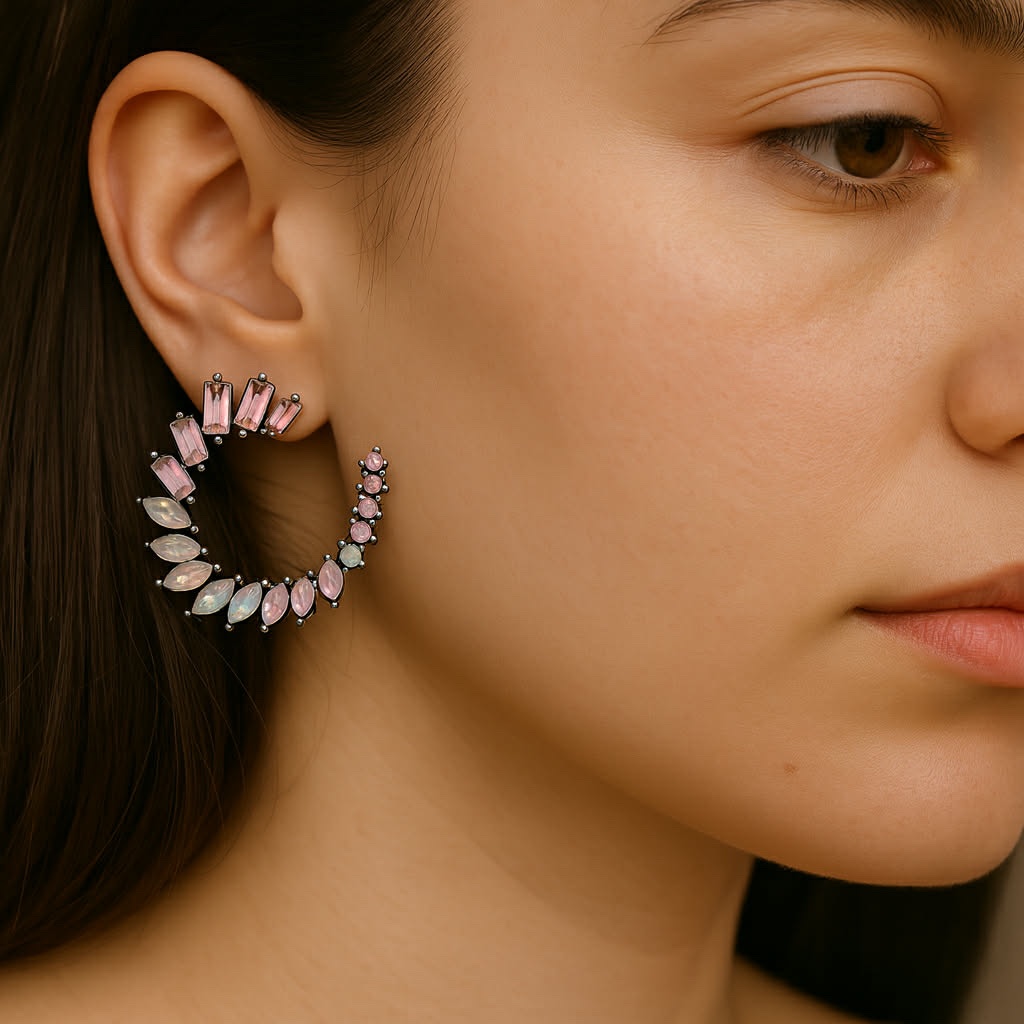 ✨ UShine.gr: Χειροποίητοι κρίκοι με ροζ & ιριδίζουσες πέτρες No 1276