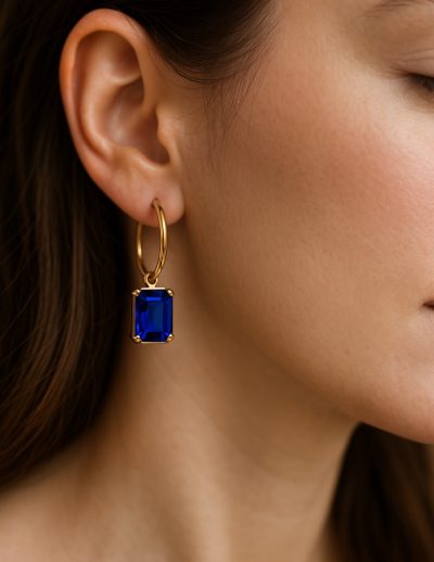 ✨ UShine.gr: Χρυσά κρεμαστά σκουλαρίκια με μπλε πέτρα No 1280