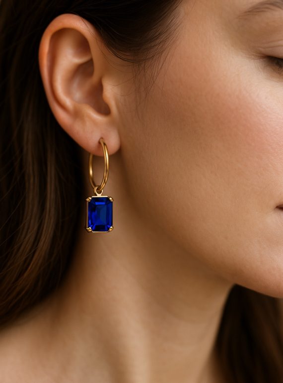 ✨ UShine.gr: Χρυσά κρεμαστά σκουλαρίκια με μπλε πέτρα No 1280