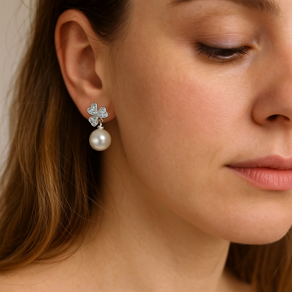 ✨ UShine.gr: Ασημένια σκουλαρίκια με μαργαριτάρι & τριφύλλι καρδιά No 1281