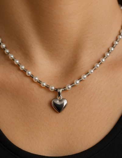 ✨ UShine.gr: Ατσάλινο χειροποίητο κολιέ με περλέ χάντρες & καρδιά No 1287