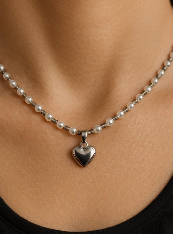✨ UShine.gr: Ατσάλινο χειροποίητο κολιέ με περλέ χάντρες & καρδιά No 1287