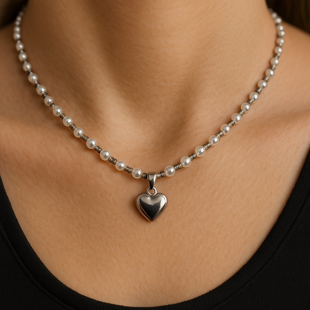 ✨ UShine.gr: Ατσάλινο χειροποίητο κολιέ με περλέ χάντρες & καρδιά No 1287