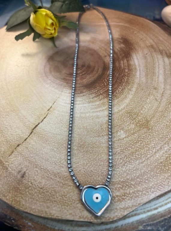 ✨ UShine.gr: Ατσάλινο κολιέ με ματάκι σε γαλάζια καρδιά No 1288