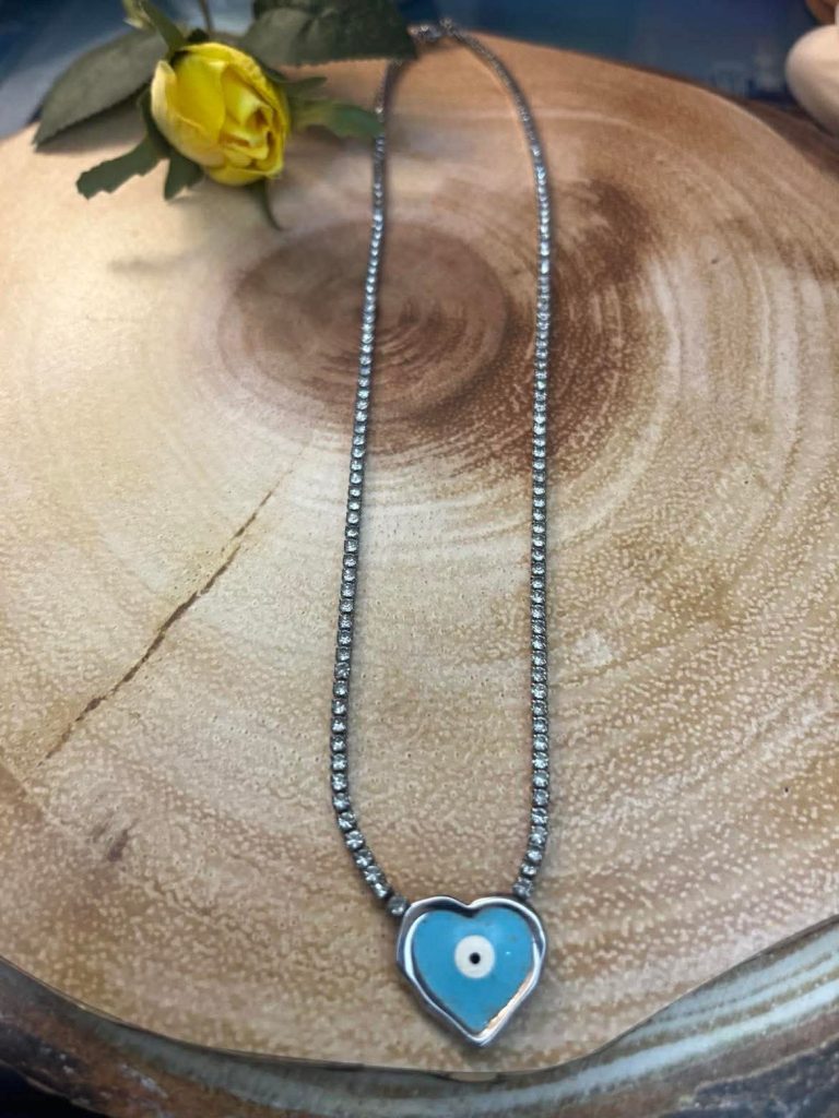 ✨ UShine.gr: Ατσάλινο κολιέ με ματάκι σε γαλάζια καρδιά No 1288