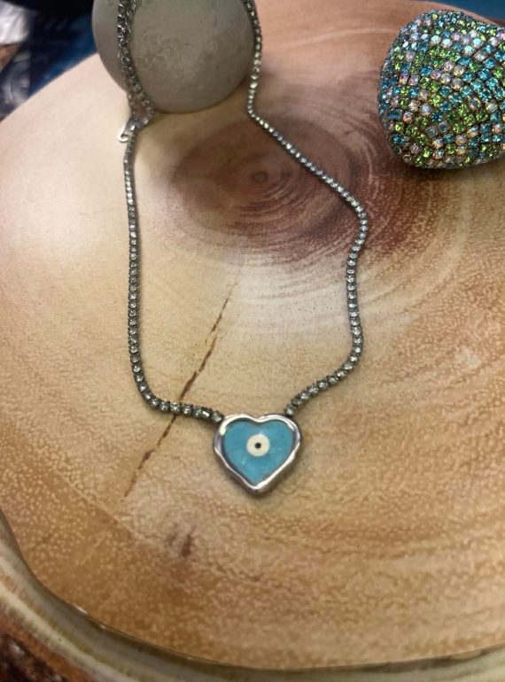 ✨ UShine.gr: Ατσάλινο κολιέ με ματάκι σε γαλάζια καρδιά No 1288