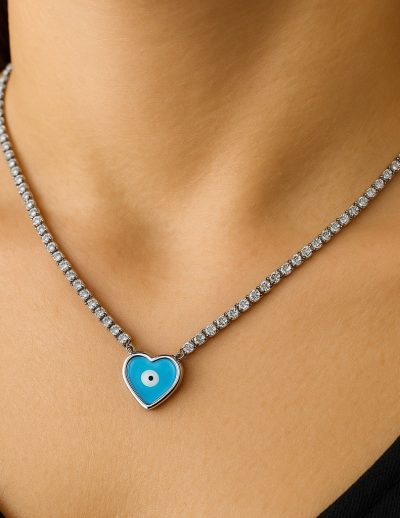 ✨ UShine.gr: Ατσάλινο κολιέ με ματάκι σε γαλάζια καρδιά No 1288