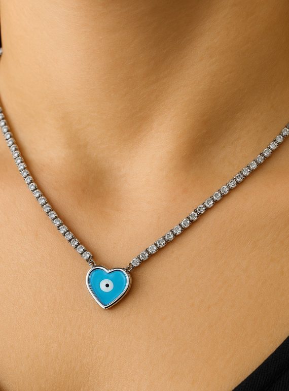 ✨ UShine.gr: Ατσάλινο κολιέ με ματάκι σε γαλάζια καρδιά No 1288