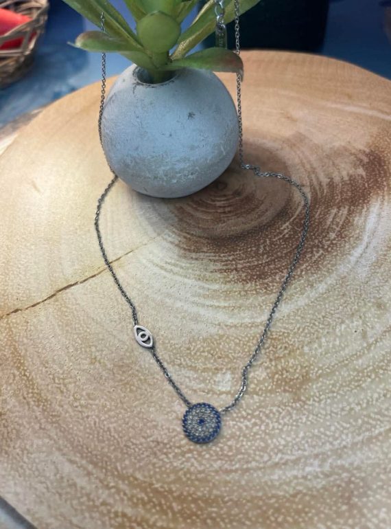 ✨ UShine.gr: Ατσάλινο κολιέ με διπλό μοτίφ ματιού και στρας No 1289