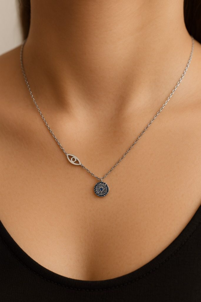 ✨ UShine.gr: Ατσάλινο κολιέ με διπλό μοτίφ ματιού και στρας No 1289