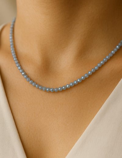 ✨ UShine.gr: Ατσάλινο κολιέ με γκρι-μπλε κρυστάλλινες χάντρες No 1290