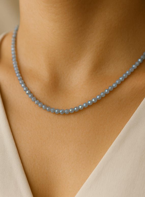 ✨ UShine.gr: Ατσάλινο κολιέ με γκρι-μπλε κρυστάλλινες χάντρες No 1290