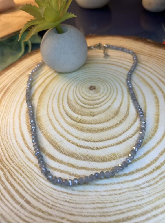 ✨ UShine.gr: Ατσάλινο κολιέ με γκρι-μπλε κρυστάλλινες χάντρες No 1290