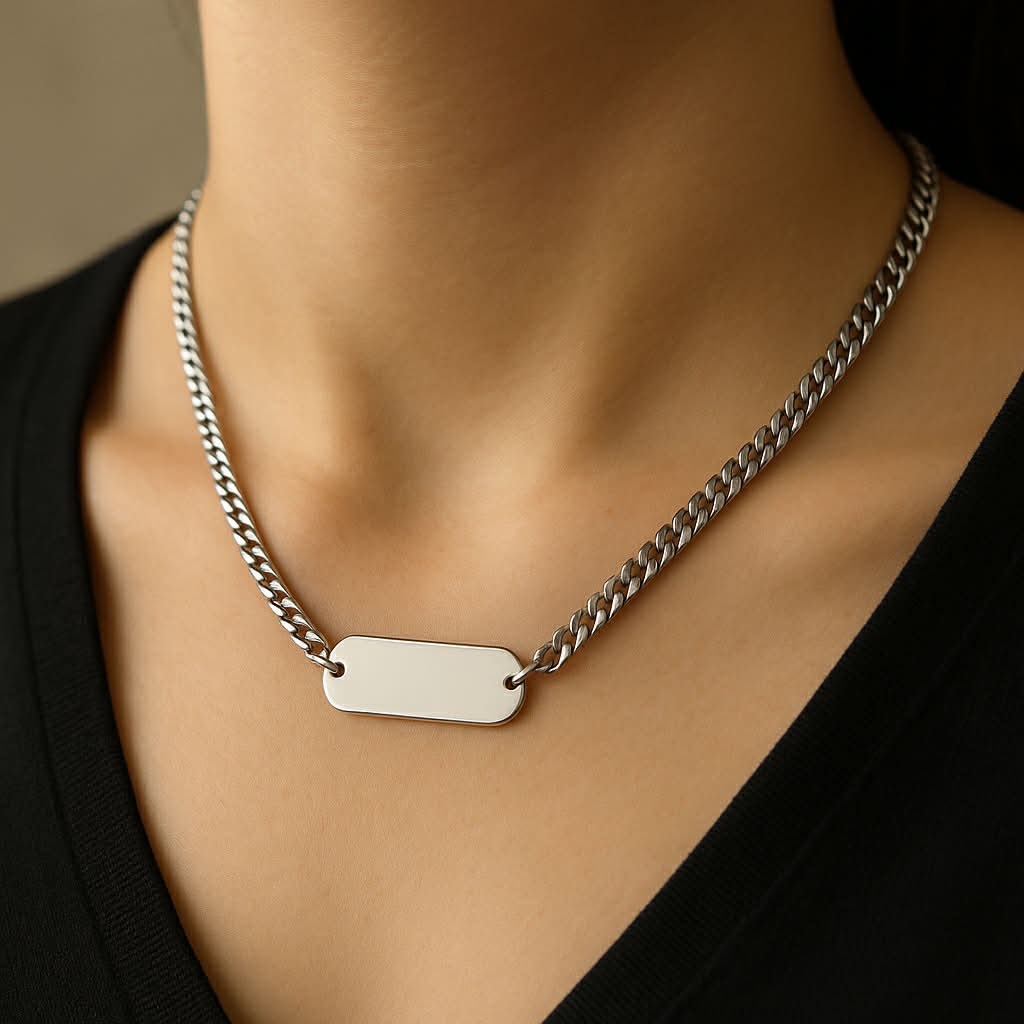 ✨ UShine.gr: Ατσάλινο κολιέ με ορθογώνια ταυτότητα σε minimal γραμμή No 1291