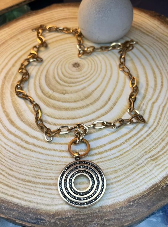 ✨ UShine.gr: Ατσάλινο κολιέ με χρυσή αλυσίδα & γεωμετρικό κυκλικό μοτίφ No 1293