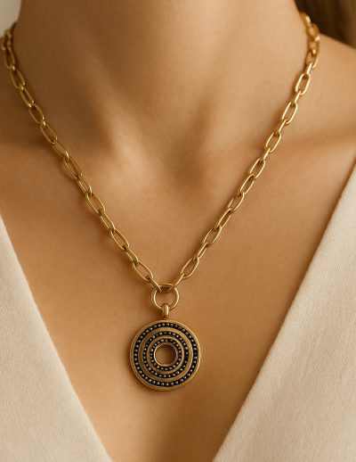 ✨ UShine.gr: Ατσάλινο κολιέ με χρυσή αλυσίδα & γεωμετρικό κυκλικό μοτίφ No 1293