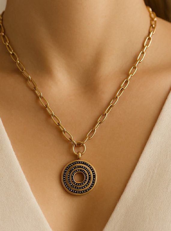 ✨ UShine.gr: Ατσάλινο κολιέ με χρυσή αλυσίδα & γεωμετρικό κυκλικό μοτίφ No 1293