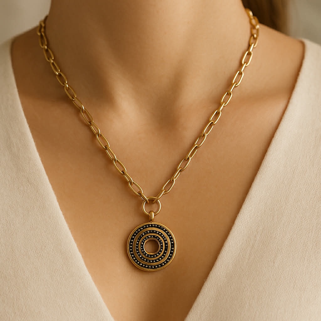 ✨ UShine.gr: Ατσάλινο κολιέ με χρυσή αλυσίδα & γεωμετρικό κυκλικό μοτίφ No 1293