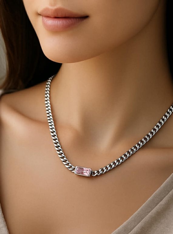 ✨ UShine.gr: Ατσάλινο κολιέ αλυσίδα με ροζ ορθογώνιο κρύσταλλο No 1295