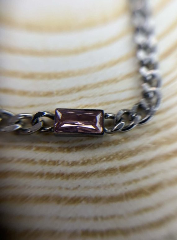 ✨ UShine.gr: Ατσάλινο κολιέ αλυσίδα με ροζ ορθογώνιο κρύσταλλο No 1295