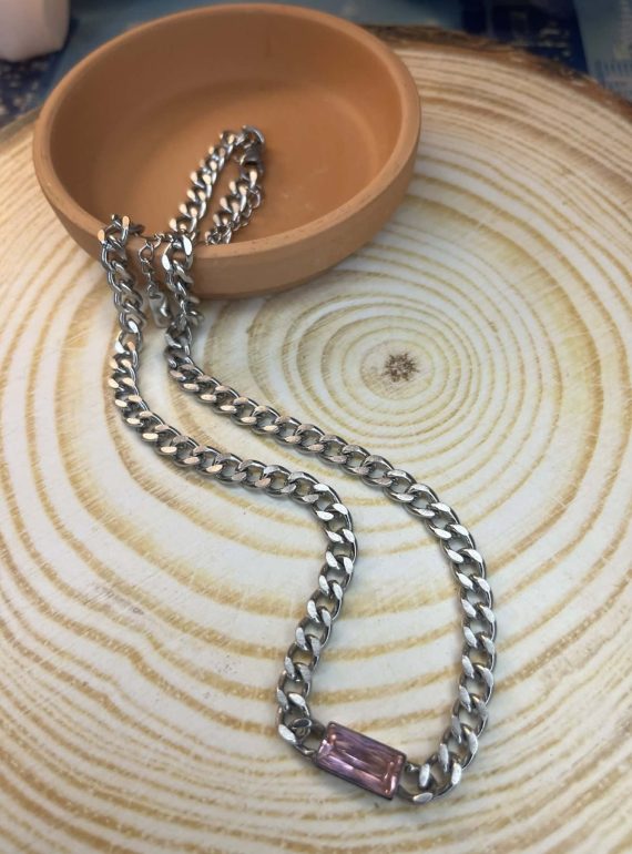 ✨ UShine.gr: Ατσάλινο κολιέ αλυσίδα με ροζ ορθογώνιο κρύσταλλο No 1295