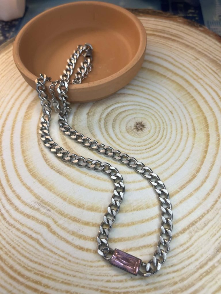 ✨ UShine.gr: Ατσάλινο κολιέ αλυσίδα με ροζ ορθογώνιο κρύσταλλο No 1295