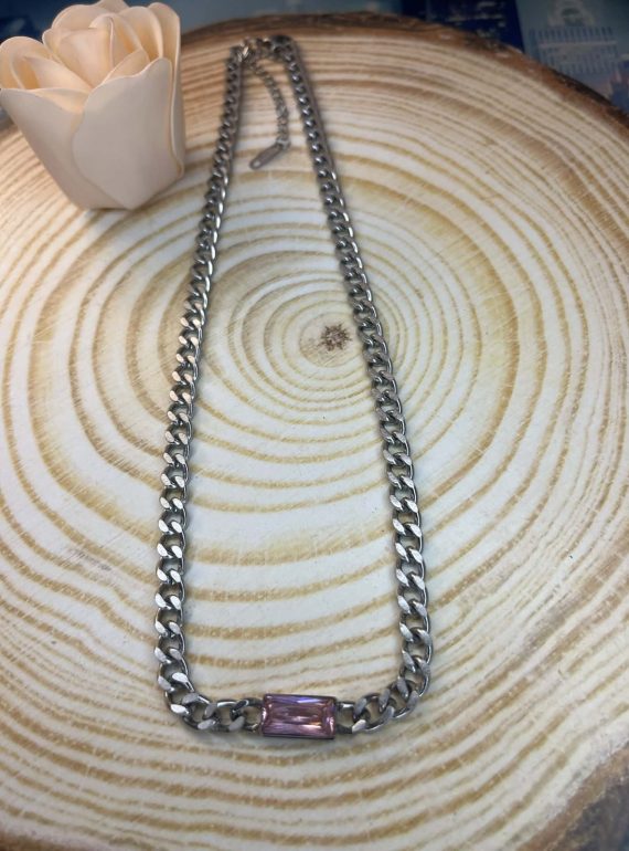 ✨ UShine.gr: Ατσάλινο κολιέ αλυσίδα με ροζ ορθογώνιο κρύσταλλο No 1295