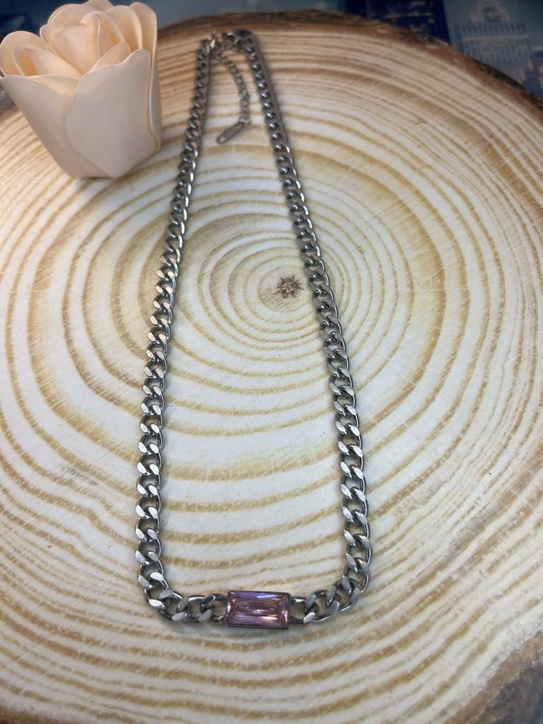 ✨ UShine.gr: Ατσάλινο κολιέ αλυσίδα με ροζ ορθογώνιο κρύσταλλο No 1295