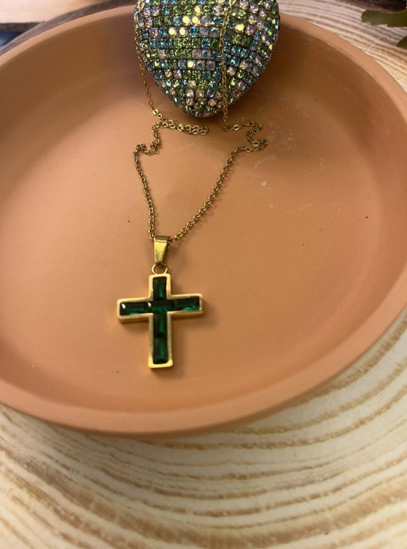 ✨ UShine.gr: Ατσάλινο κολιέ με πράσινο κρυστάλλινο σταυρό No 1305