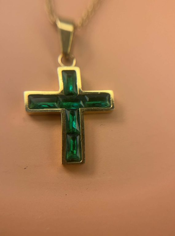✨ UShine.gr: Ατσάλινο κολιέ με πράσινο κρυστάλλινο σταυρό No 1305