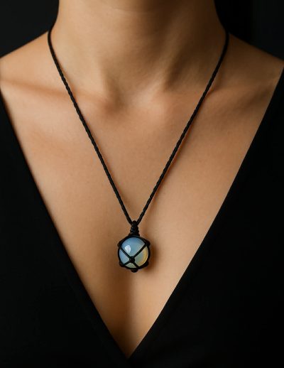 ✨ UShine.gr: Μακραμέ κολιέ με λευκή οπαλίνα πέτρα No 1310