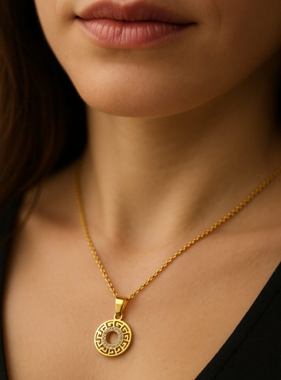 ✨ UShine.gr: Ατσάλινο κολιέ με κυκλικό μοτίφ & λευκά zircon No 1314