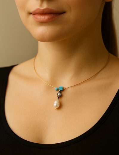 ✨ UShine.gr: Ατσάλινο κολιέ με μαργαριτάρι & τιρκουάζ λεπτομέρειες No 1319