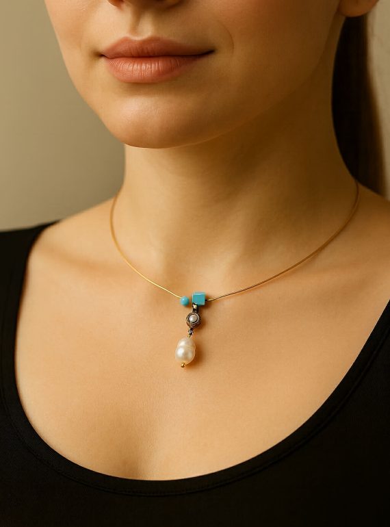 ✨ UShine.gr: Ατσάλινο κολιέ με μαργαριτάρι & τιρκουάζ λεπτομέρειες No 1319