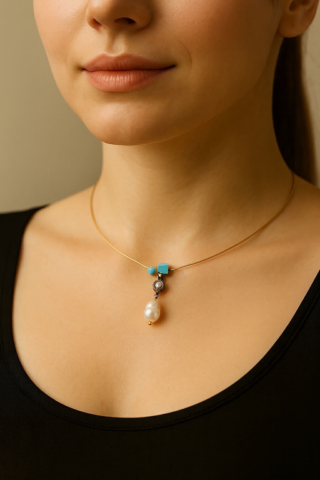 ✨ UShine.gr: Ατσάλινο κολιέ με μαργαριτάρι & τιρκουάζ λεπτομέρειες No 1319