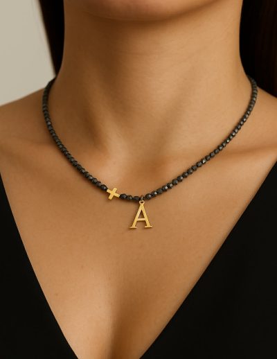 ✨ UShine.gr: Κολιέ αιματίτης με σταυρό & γράμμα Α σε χρυσό τόνο No 1320