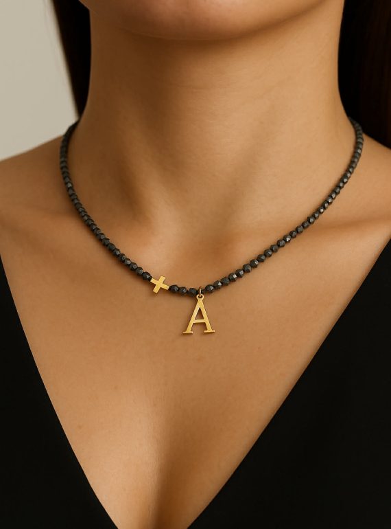 ✨ UShine.gr: Κολιέ αιματίτης με σταυρό & γράμμα Α σε χρυσό τόνο No 1320