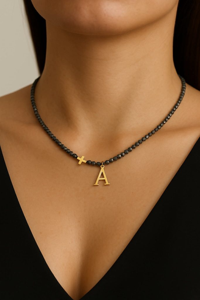 ✨ UShine.gr: Κολιέ αιματίτης με σταυρό & γράμμα Α σε χρυσό τόνο No 1320