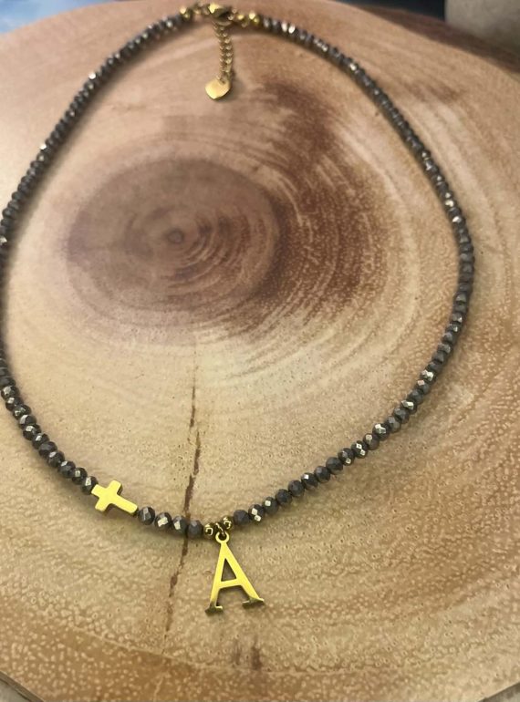 ✨ UShine.gr: Κολιέ αιματίτης με σταυρό & γράμμα Α σε χρυσό τόνο No 1320