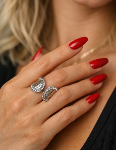 ✨ UShine.gr: Ατσάλινο Δαχτυλίδι Double Leaf με Κρύσταλλα (Ασημί) No 1321