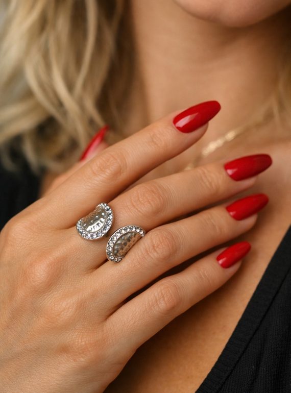 ✨ UShine.gr: Ατσάλινο Δαχτυλίδι Double Leaf με Κρύσταλλα (Ασημί) No 1321