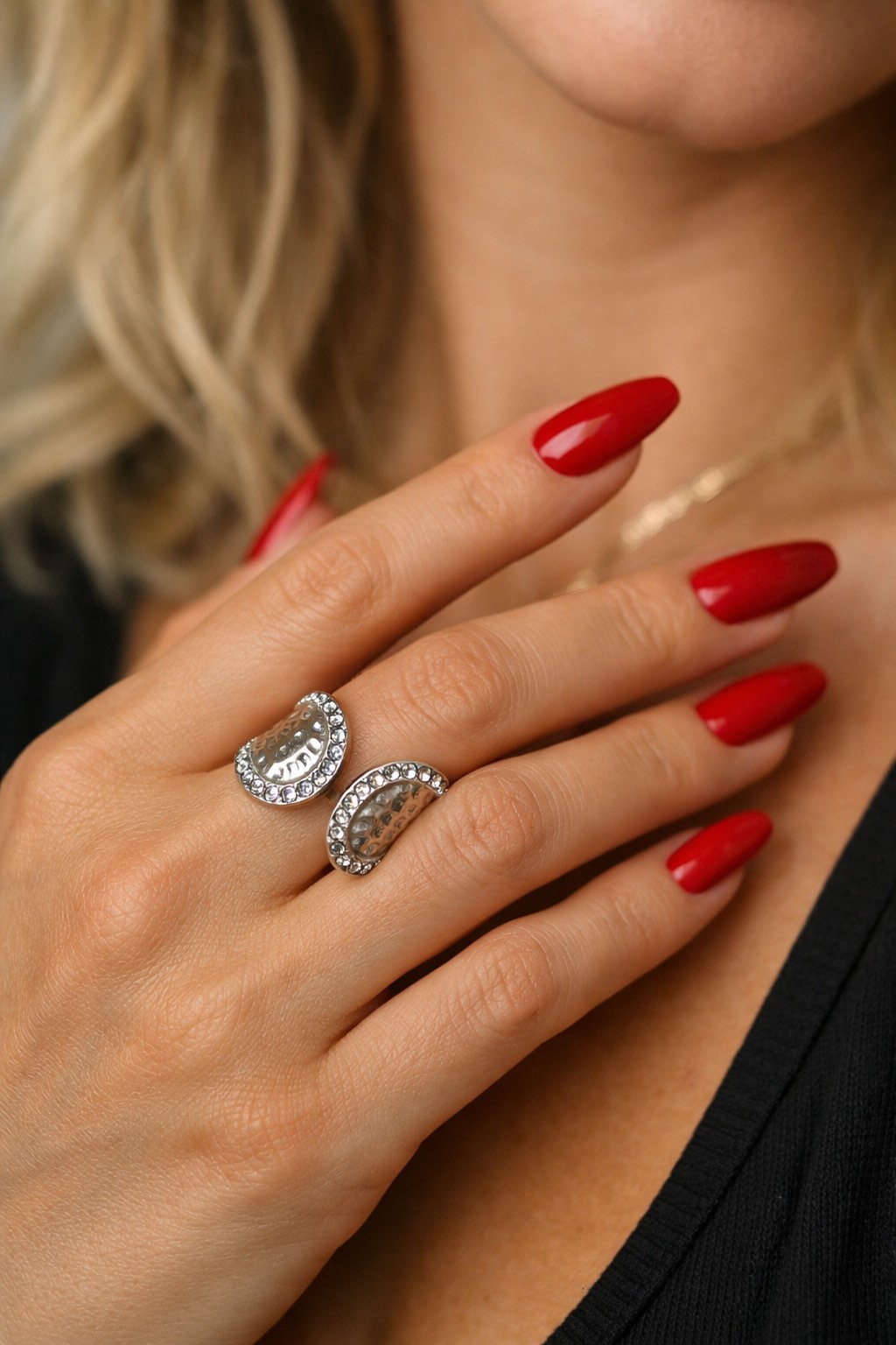 ✨ UShine.gr: Ατσάλινο Δαχτυλίδι Double Leaf με Κρύσταλλα (Ασημί) No 1321