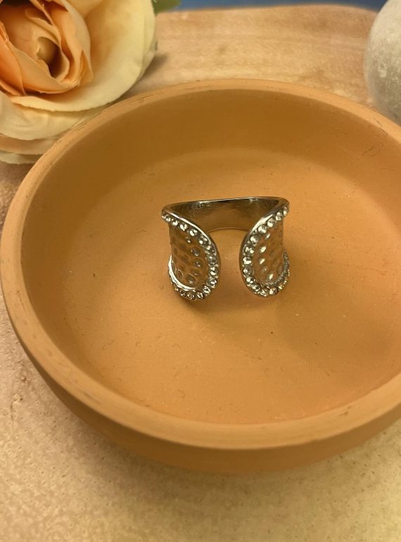 ✨ UShine.gr: Ατσάλινο Δαχτυλίδι Double Leaf με Κρύσταλλα (Ασημί) No 1321