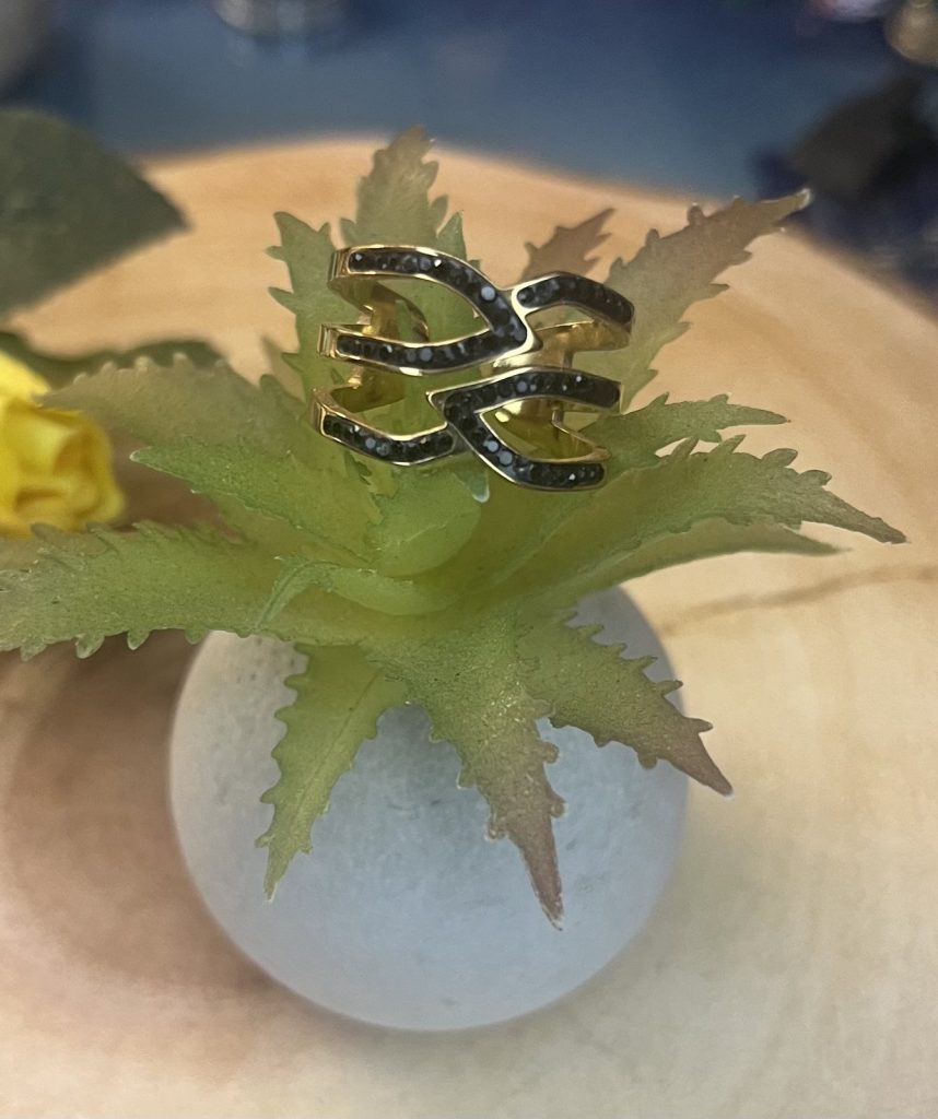 ✨ UShine.gr: Ατσάλινο δαχτυλίδι multi-line ribbon με μαύρα κρυσταλλάκια (χρυσό) No 1323