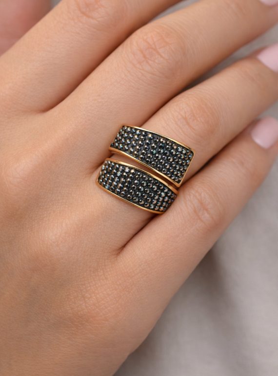 ✨ UShine.gr: Ατσάλινο Δαχτυλίδι Wrap με Μαύρα Κρυσταλλάκια (ροζ-χρυσό) No 1325