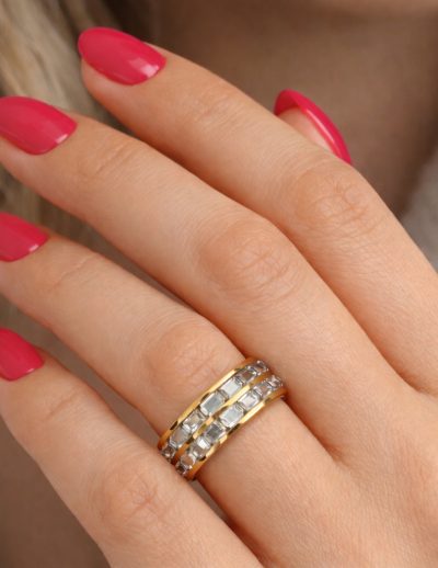 ✨ UShine.gr: Ατσάλινο δαχτυλίδι διπλής σειράς με baguette κρυστάλλους (χρυσό) No 1326