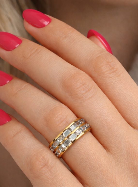 ✨ UShine.gr: Ατσάλινο δαχτυλίδι διπλής σειράς με baguette κρυστάλλους (χρυσό) No 1326
