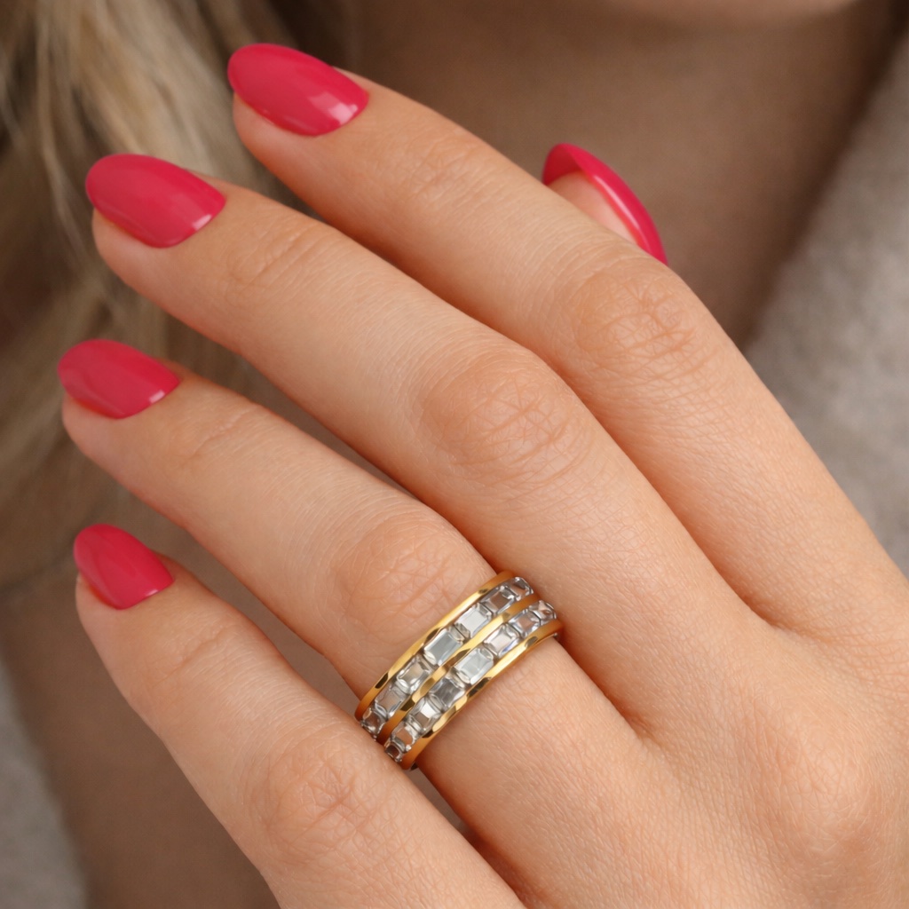 ✨ UShine.gr: Ατσάλινο δαχτυλίδι διπλής σειράς με baguette κρυστάλλους (χρυσό) No 1326